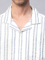 Men's White/Navy 100% Cotton Loose Fit Cuban Collar Shirt
