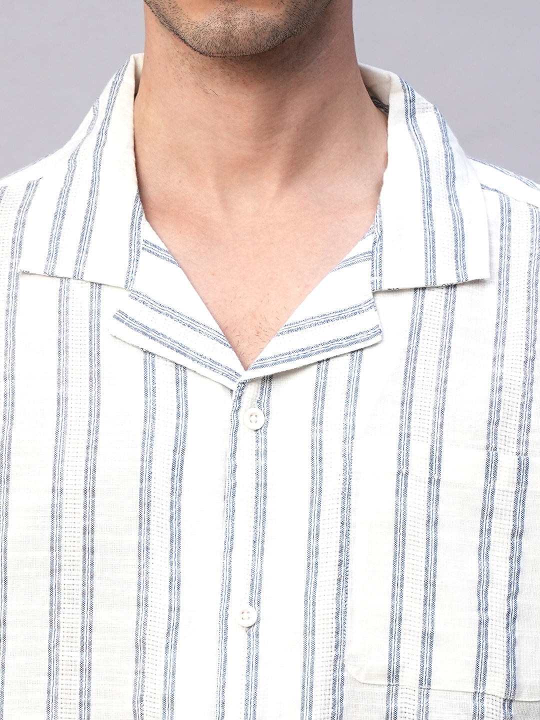 Men's White/Navy 100% Cotton Loose Fit Cuban Collar Shirt