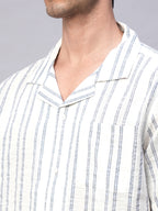Men's White/Navy 100% Cotton Loose Fit Cuban Collar Shirt