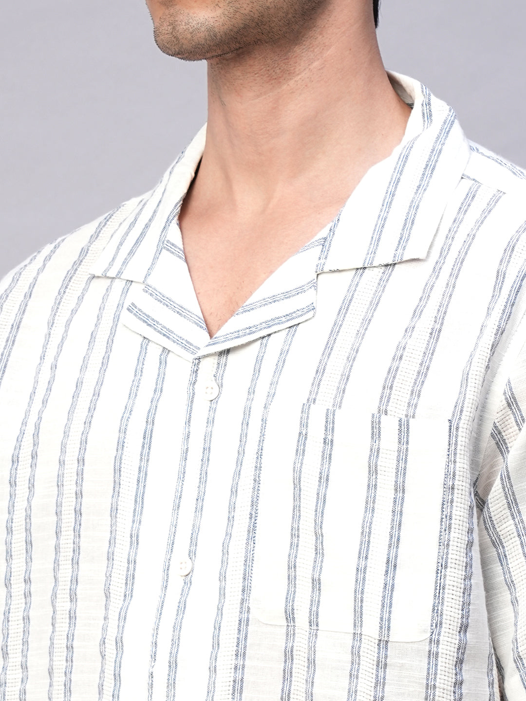 Men's White/Navy 100% Cotton Loose Fit Cuban Collar Shirt