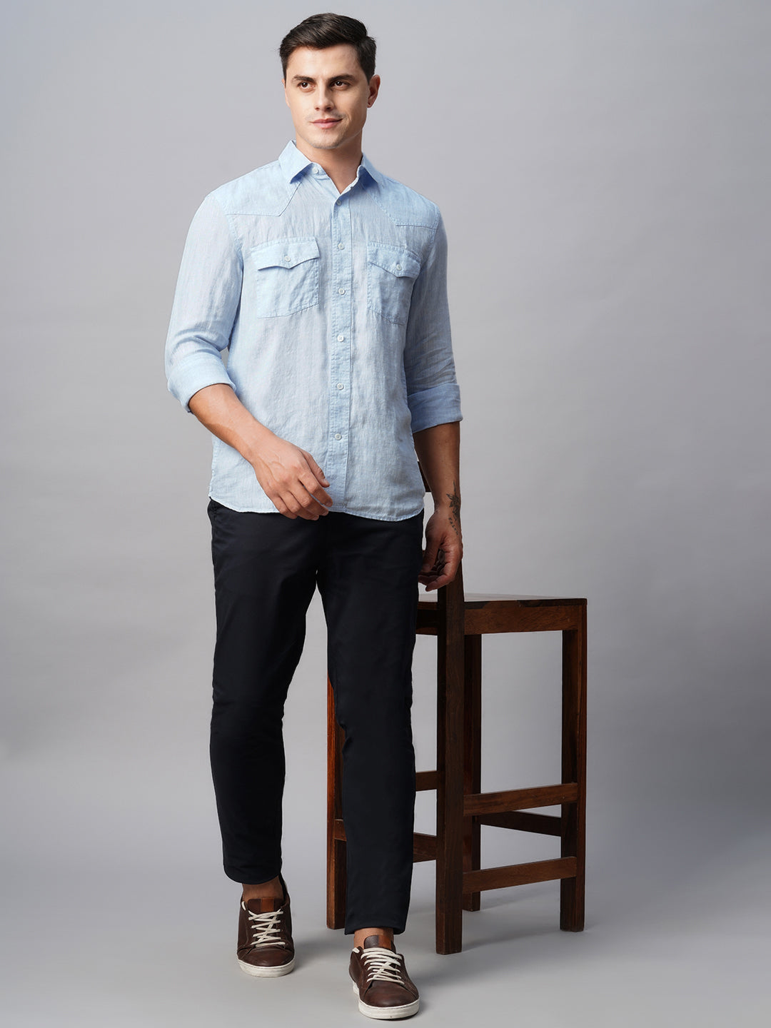 Men's 100% Linen Sky Blue Regular Fit Long Sleeved Shirt
