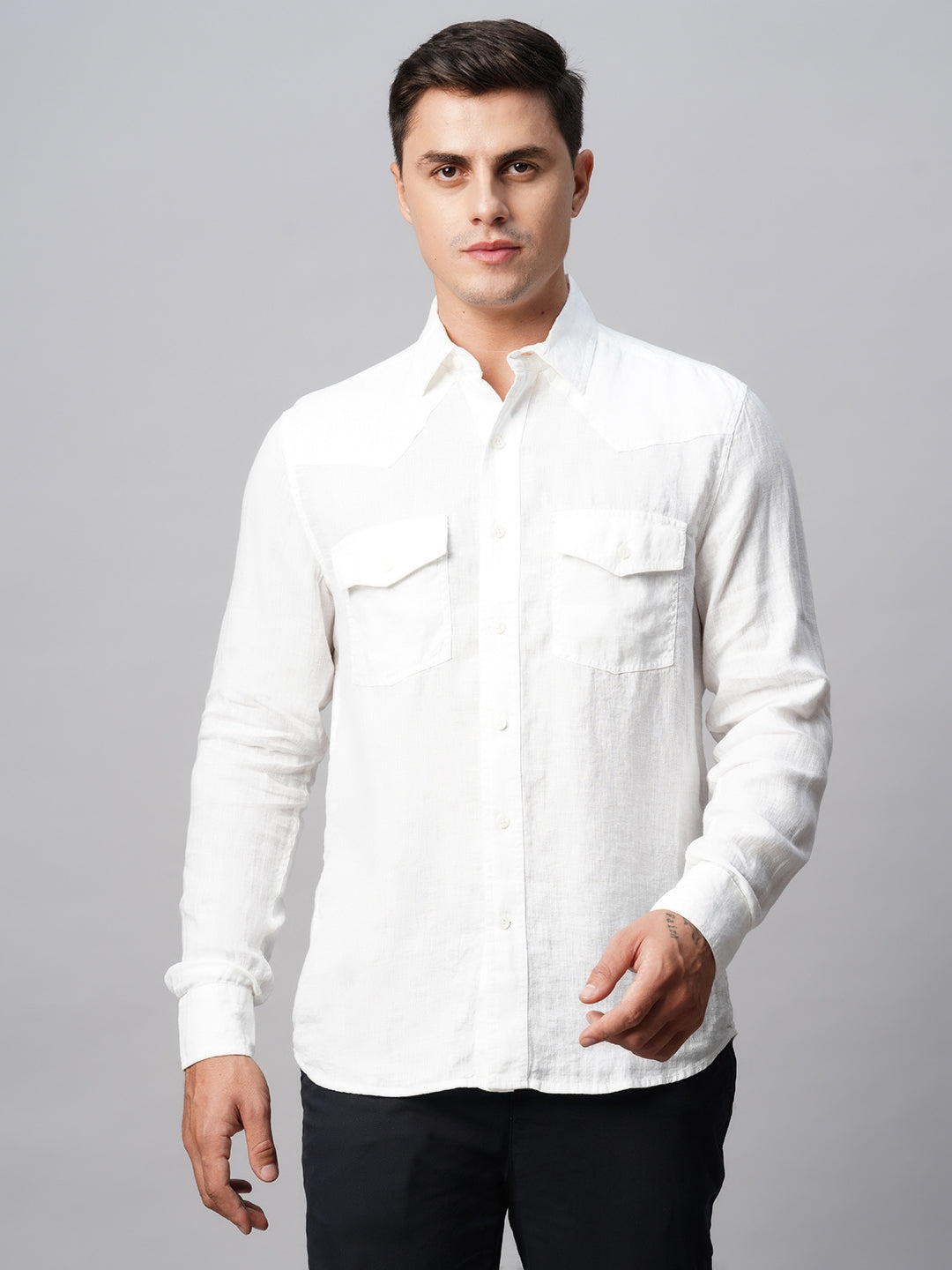Men's 100% White Linen Regular Fit Long Sleeved Shirt