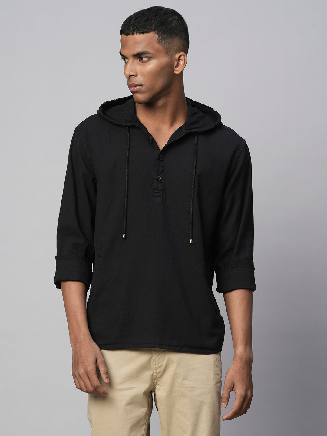 Men's Black Hoodie Cotton Linen Long Sleeved Shirt