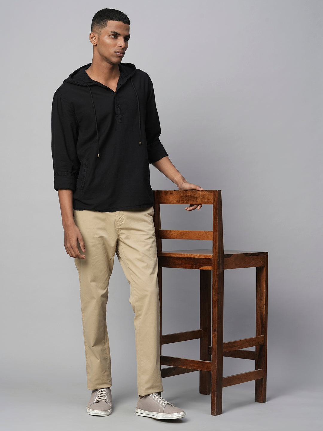 Men's Black Hoodie Cotton Linen Long Sleeved Shirt
