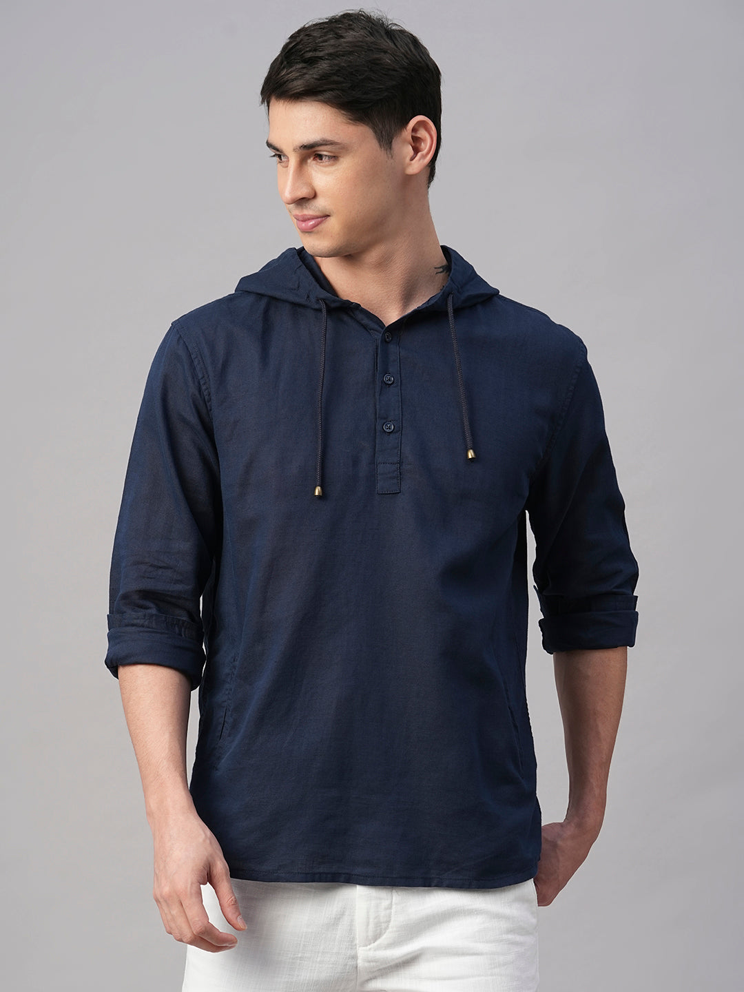 Men's Navy Cotton Linen Regular Fit Shirt