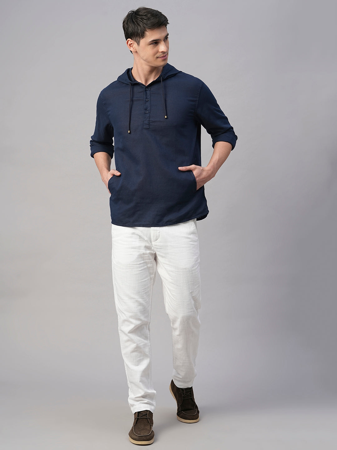 Men's Navy Cotton Linen Regular Fit Shirt