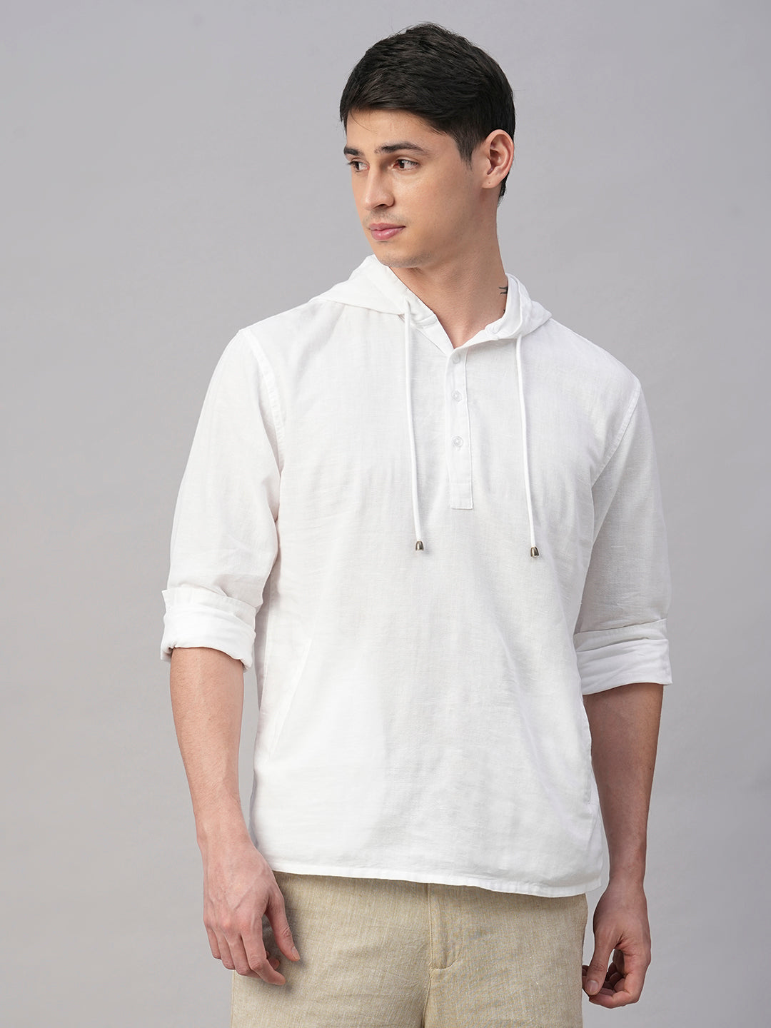 Men's White Cotton Linen Regular Fit Shirt