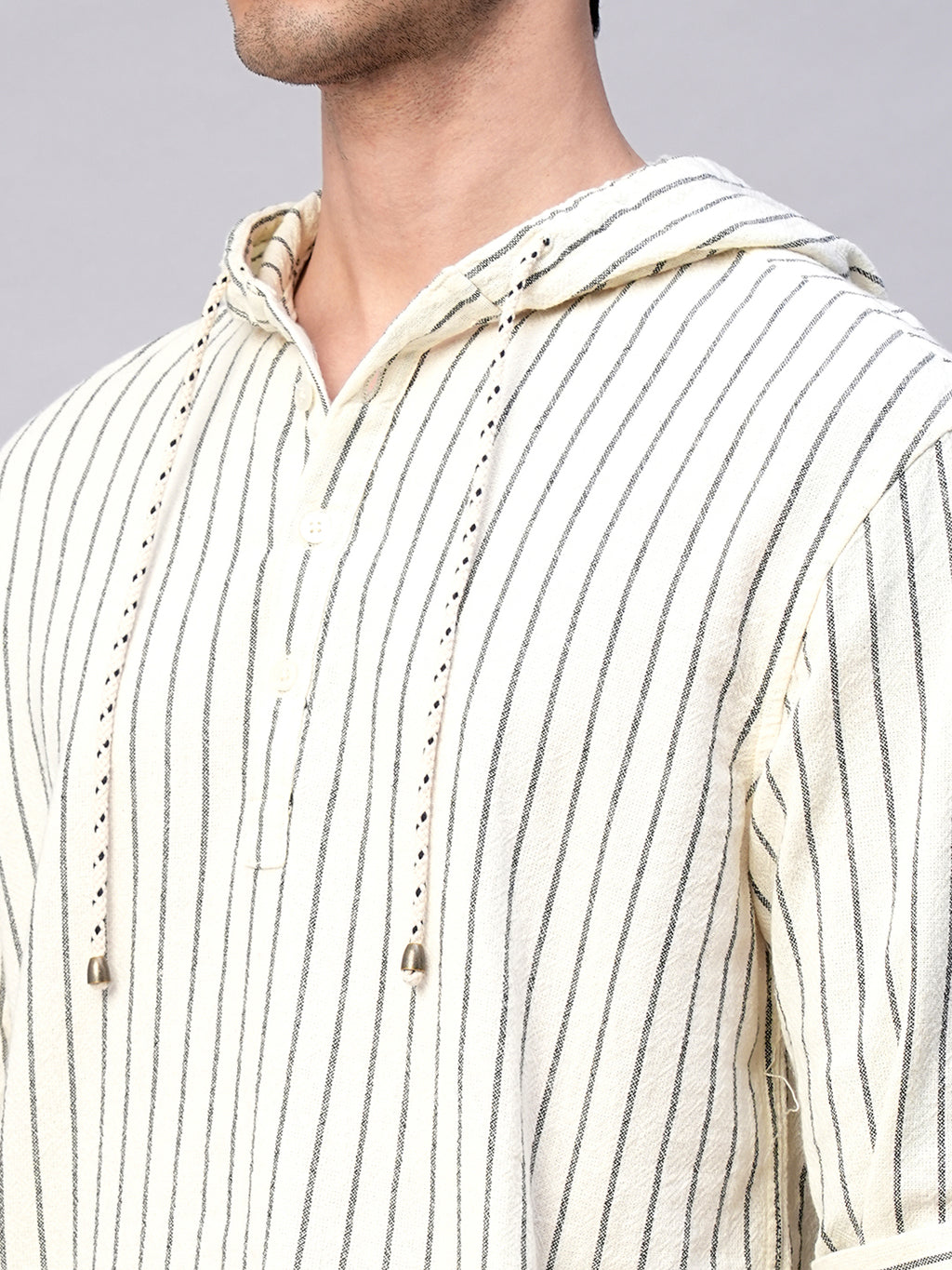 Men's Natural/Black 100% Cotton Regular Fit Hooded  Shirt