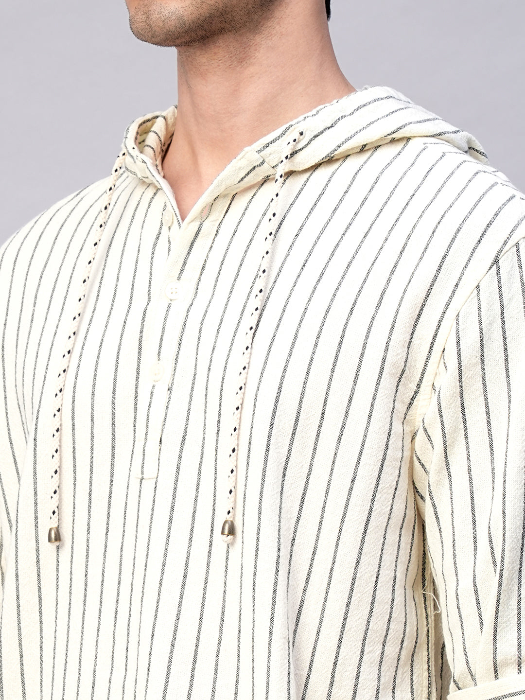 Men's Natural/Black 100% Cotton Regular Fit Hooded  Shirt
