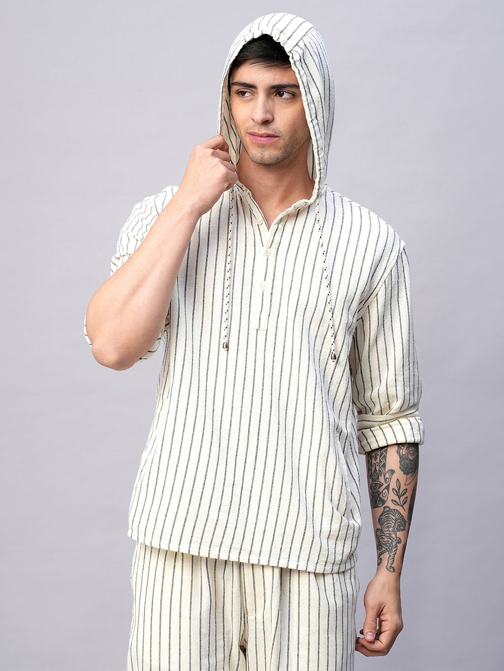 Men's Natural/Black 100% Cotton Regular Fit Hooded  Shirt
