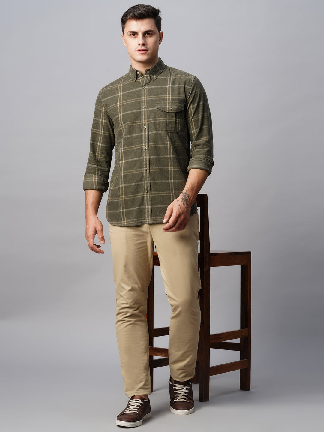 Men's Green Cotton Regular Fit Checked Shirt