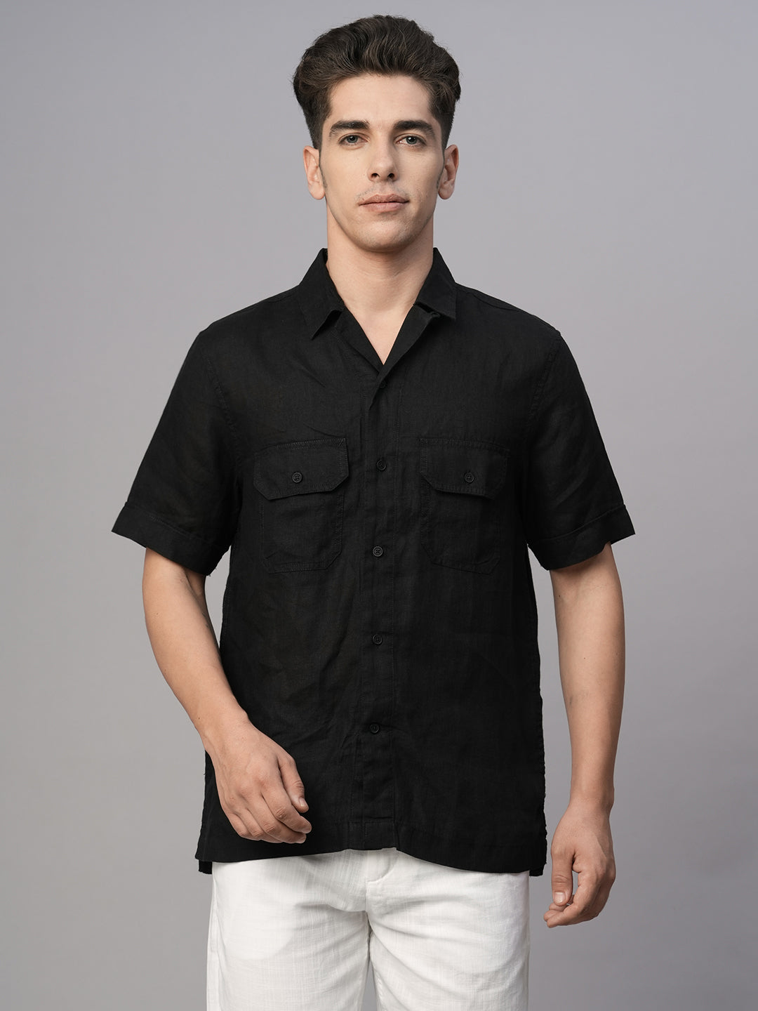 Men's Black 100% Linen Regular Fit Shirt