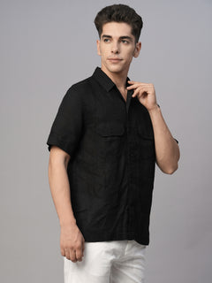 Men’s Linen Regular Fit Utility Pocket Shirt Black