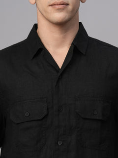 Men’s Linen Regular Fit Utility Pocket Shirt Black