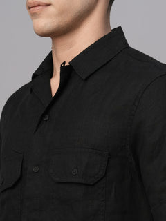 Men’s Linen Regular Fit Utility Pocket Shirt Black