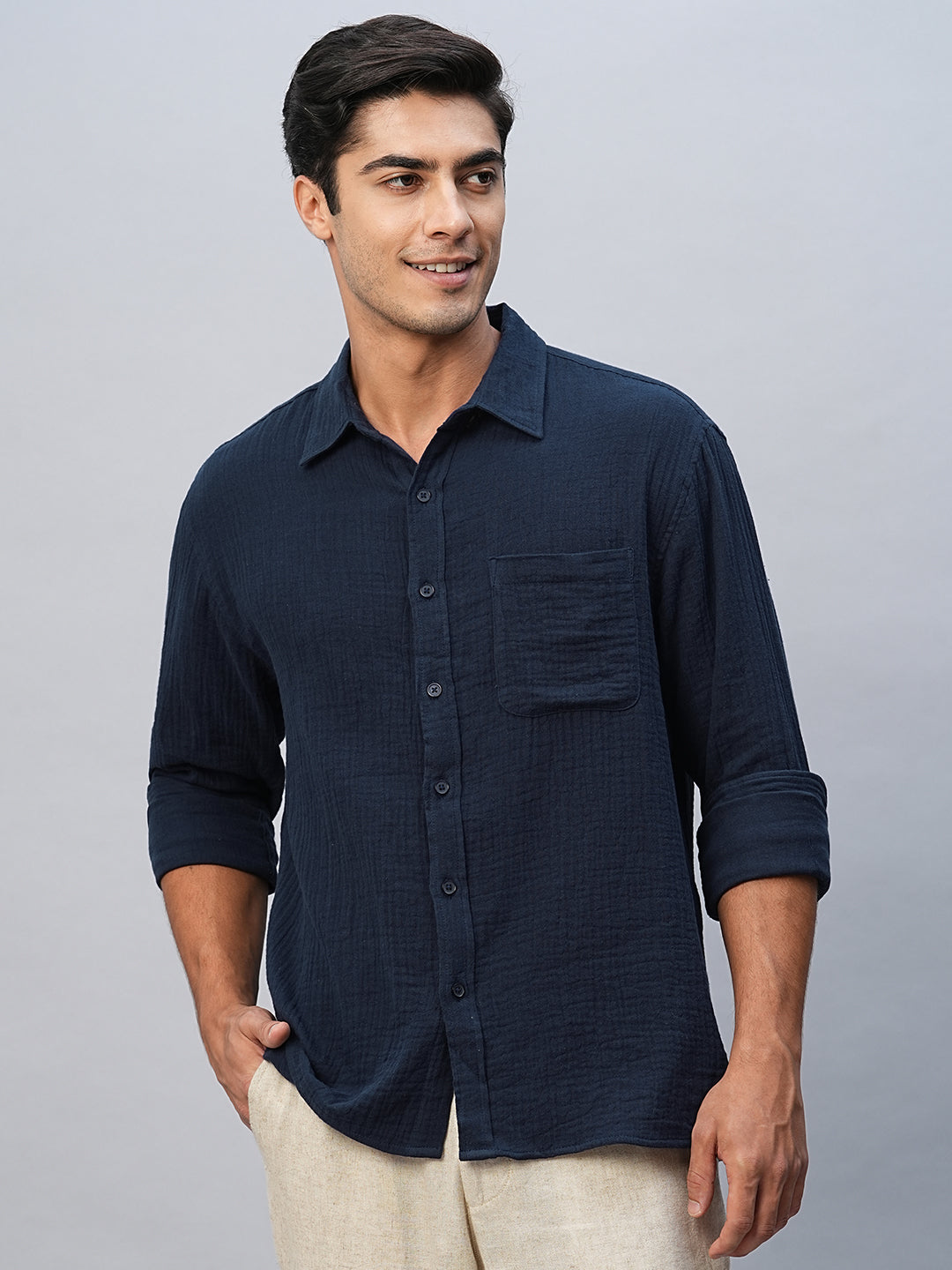 Men's Navy Cotton Regular Fit Shirt