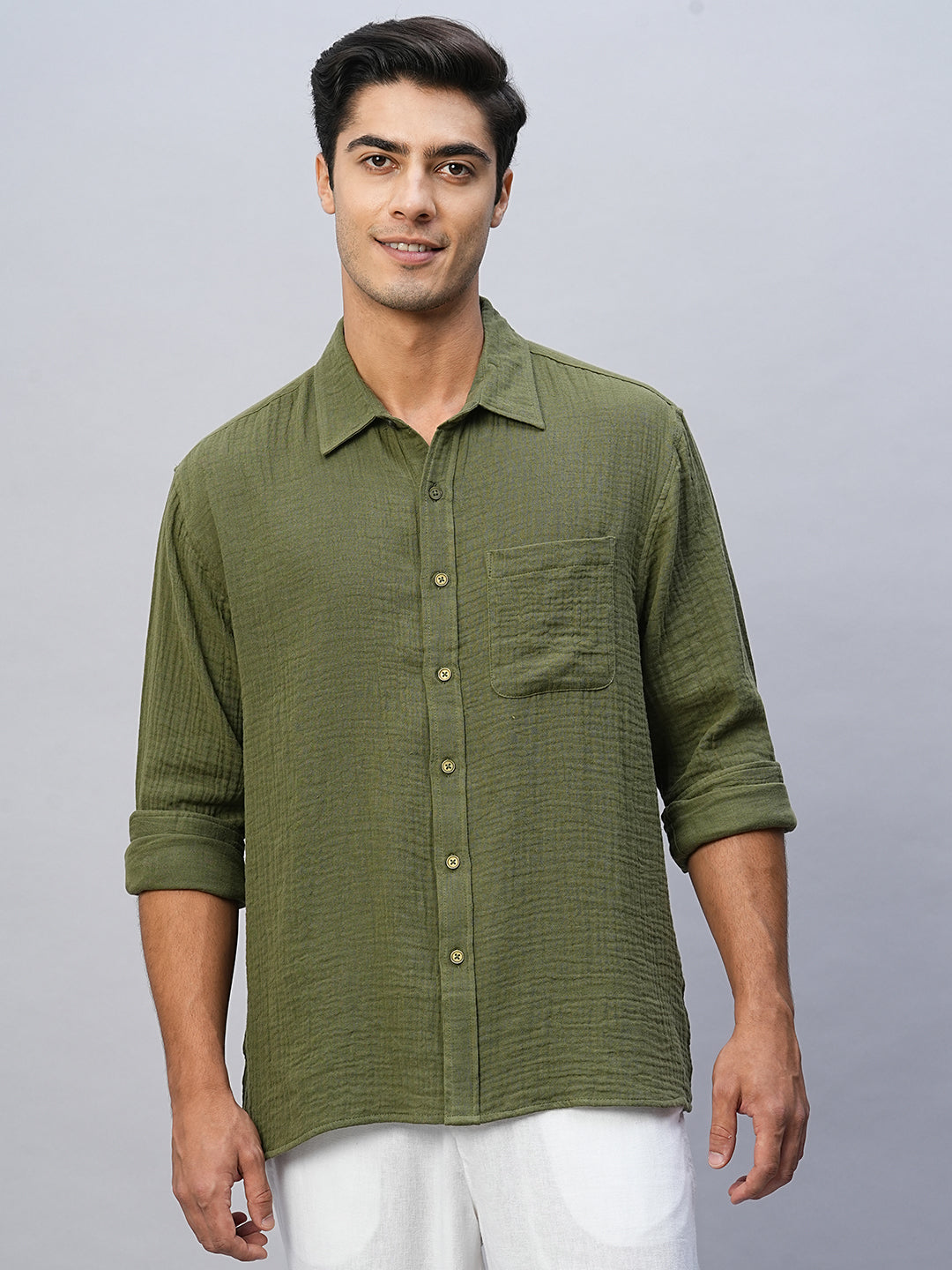 Men's Olive Cotton Regular Fit Shirt
