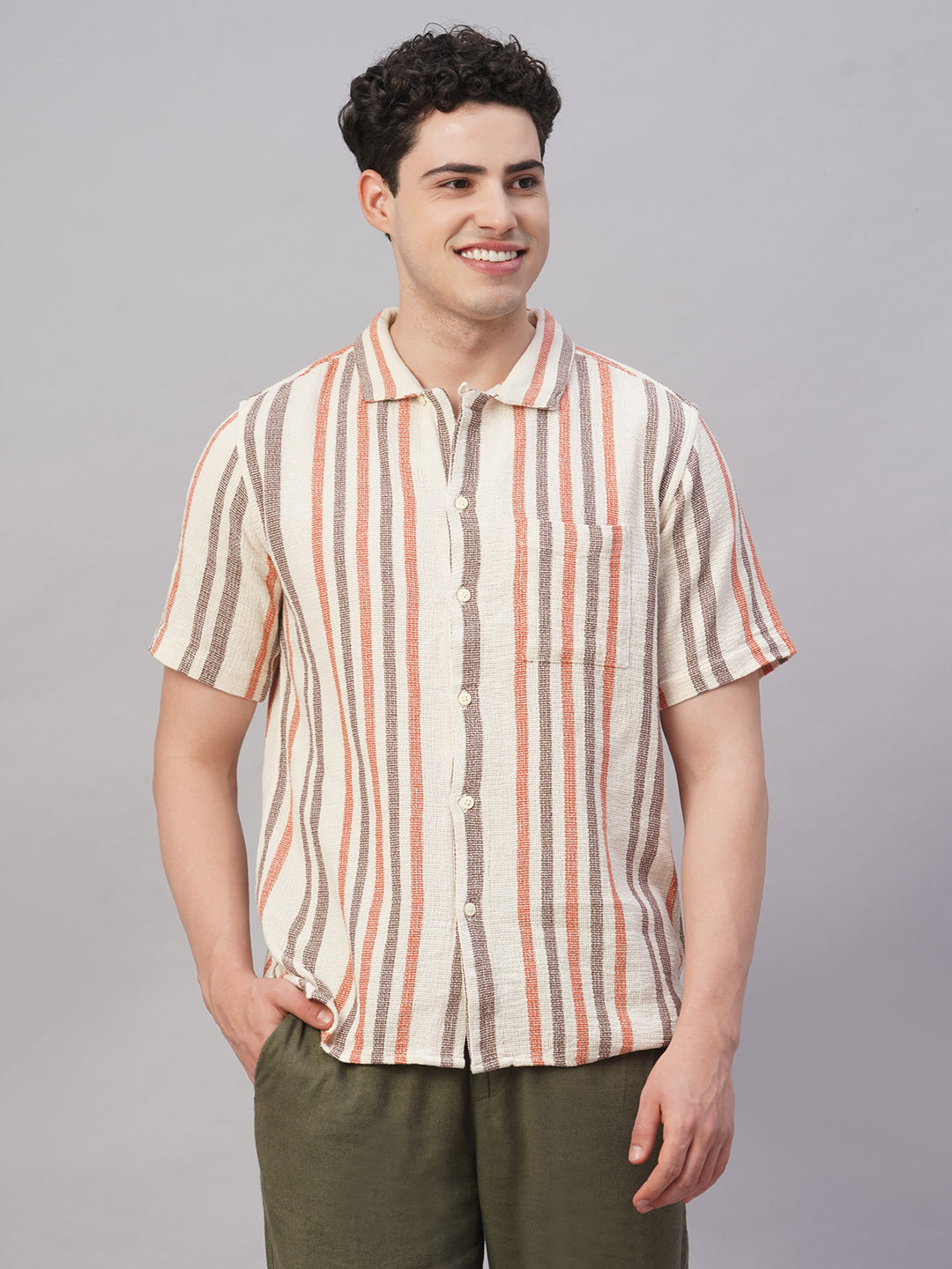 Men's Khaki 100% Cotton Regular Fit Shirt