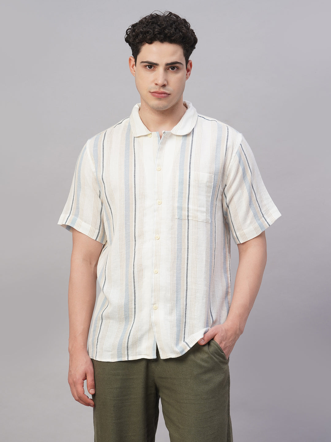 Men's White/Sky Cotton Flax Regular Fit Shirt
