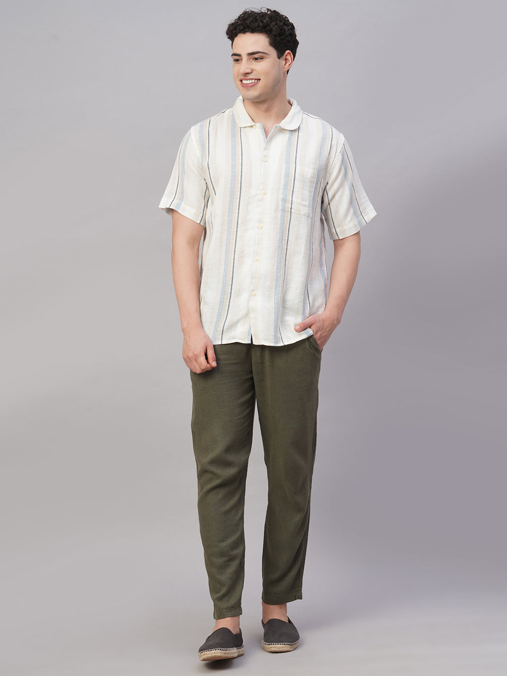 Men's White/Sky Cotton Flax Regular Fit Shirt