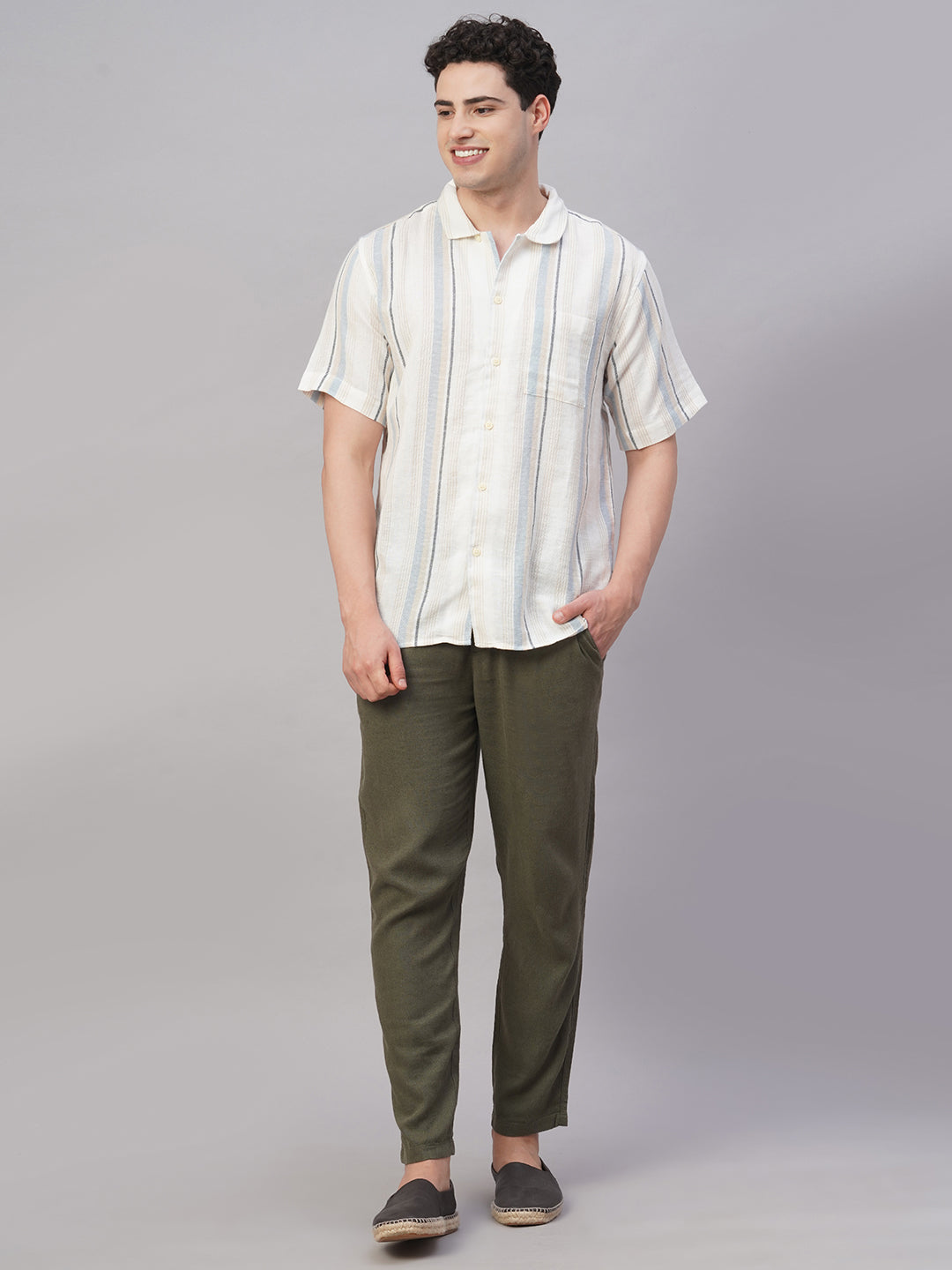 Men's White/Sky Cotton Flax Regular Fit Shirt