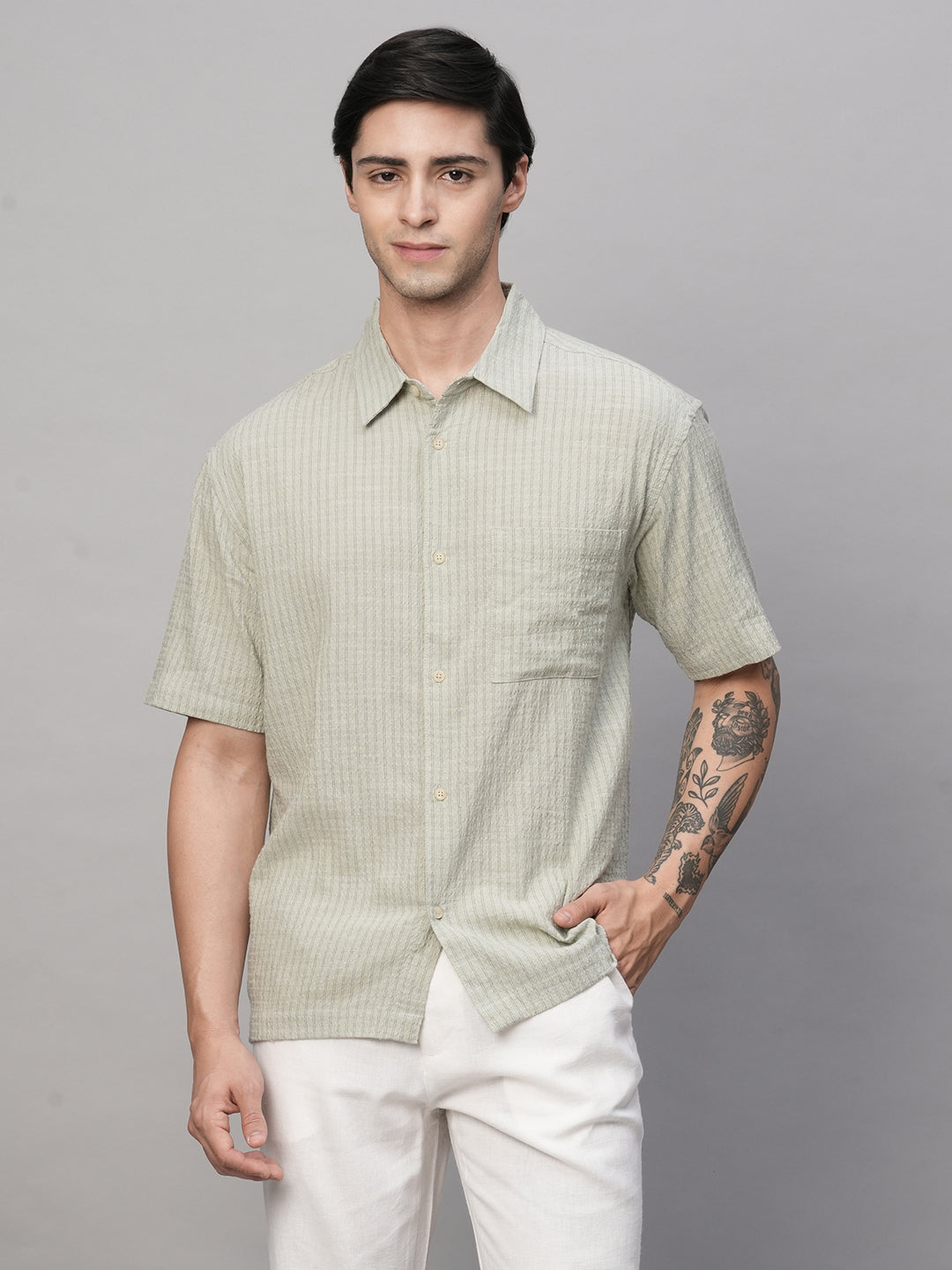 Men's Olive Cotton Viscose Regular Fit Shirt