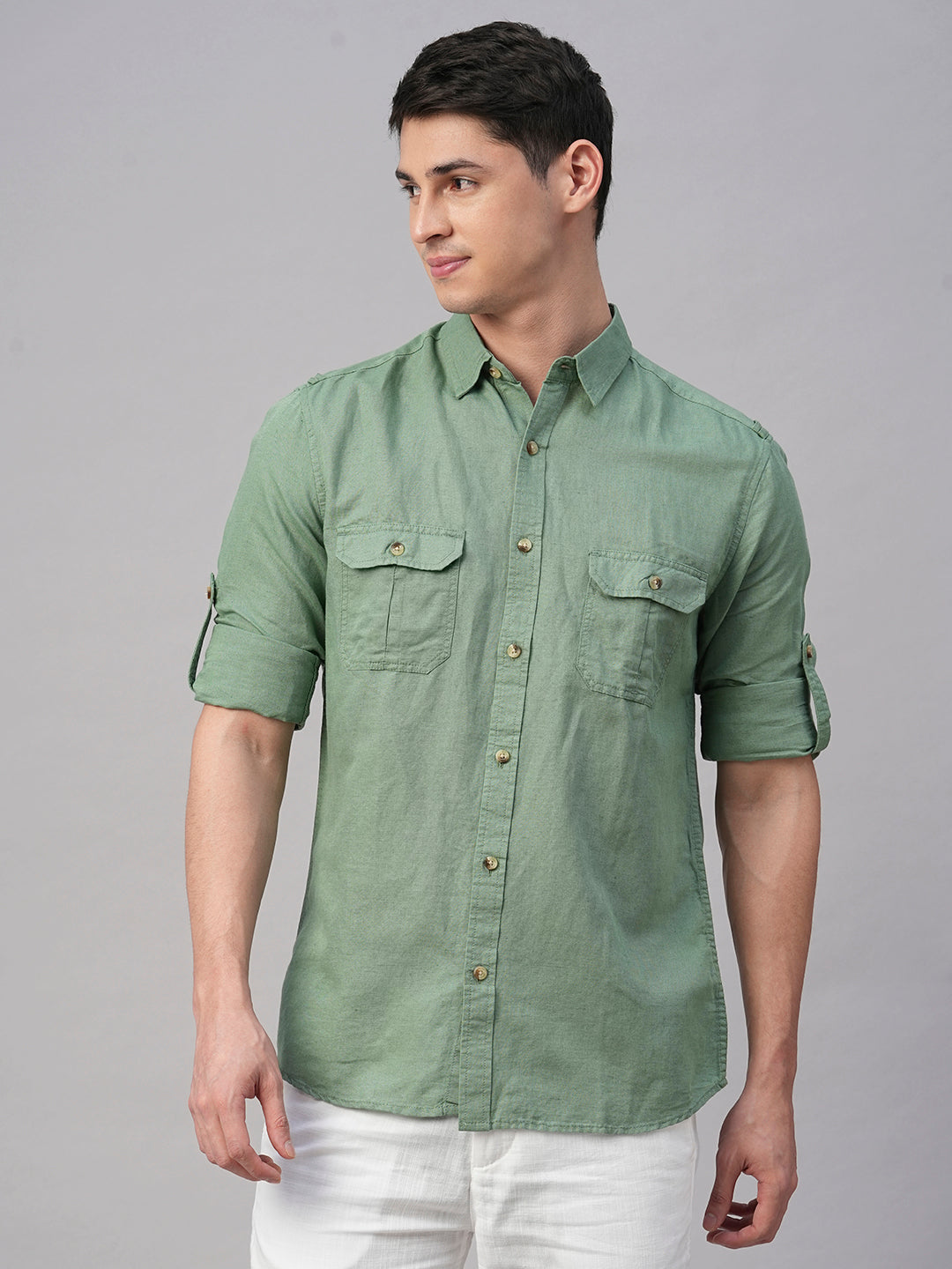 Men's Green Linen Cotton Regular Fit Shirt