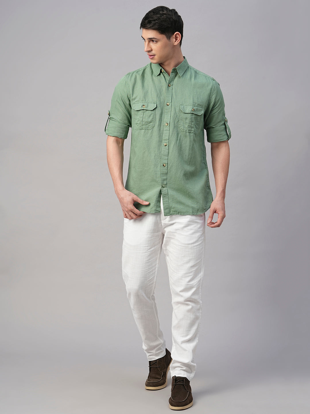 Men's Green Linen Cotton Regular Fit Shirt