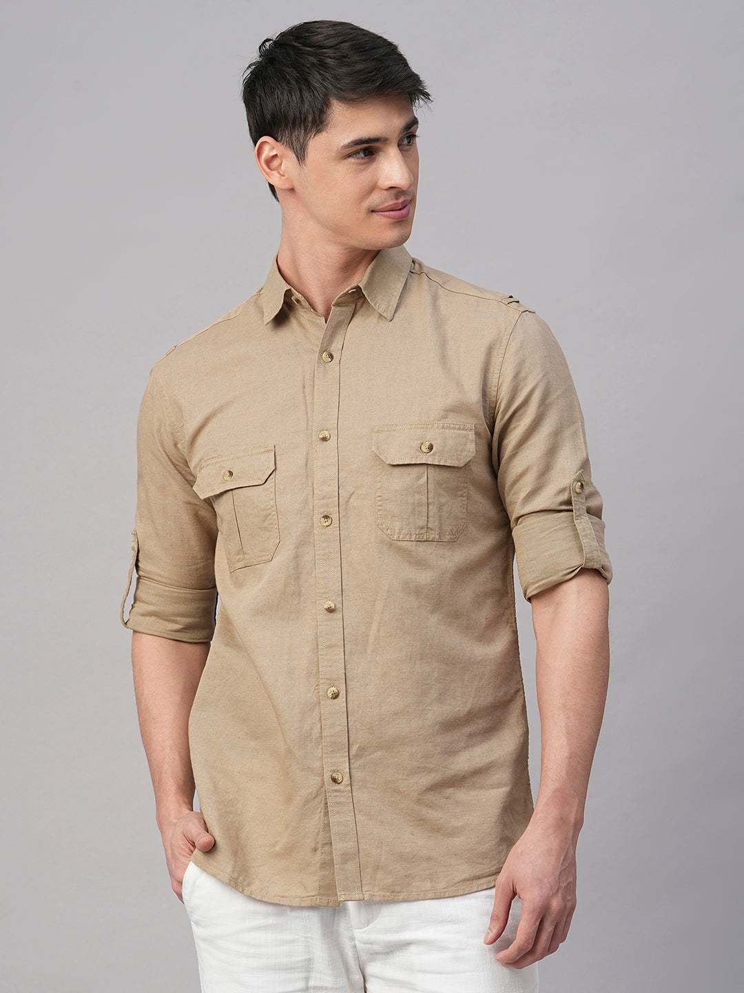 Men's Khaki Linen Cotton Regular Fit Shirt