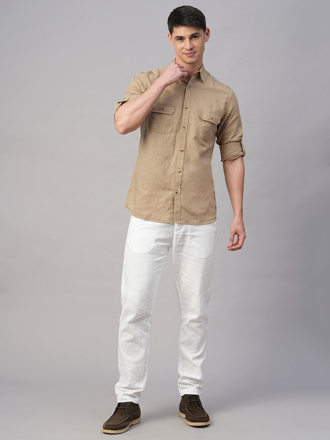 Men's Khaki Linen Cotton Regular Fit Shirt