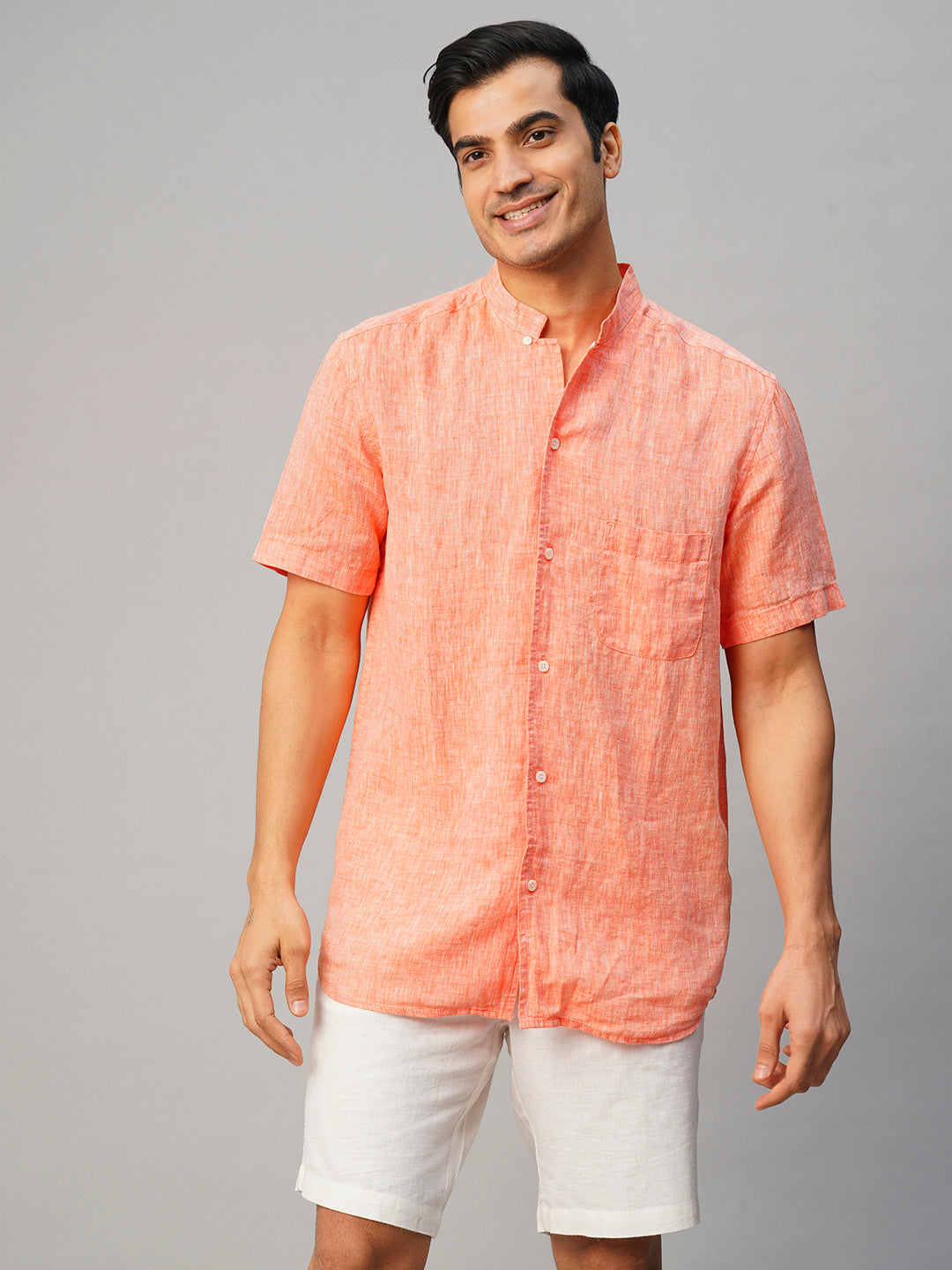 Men's Orange 100% Linen Regular Fit Shirt