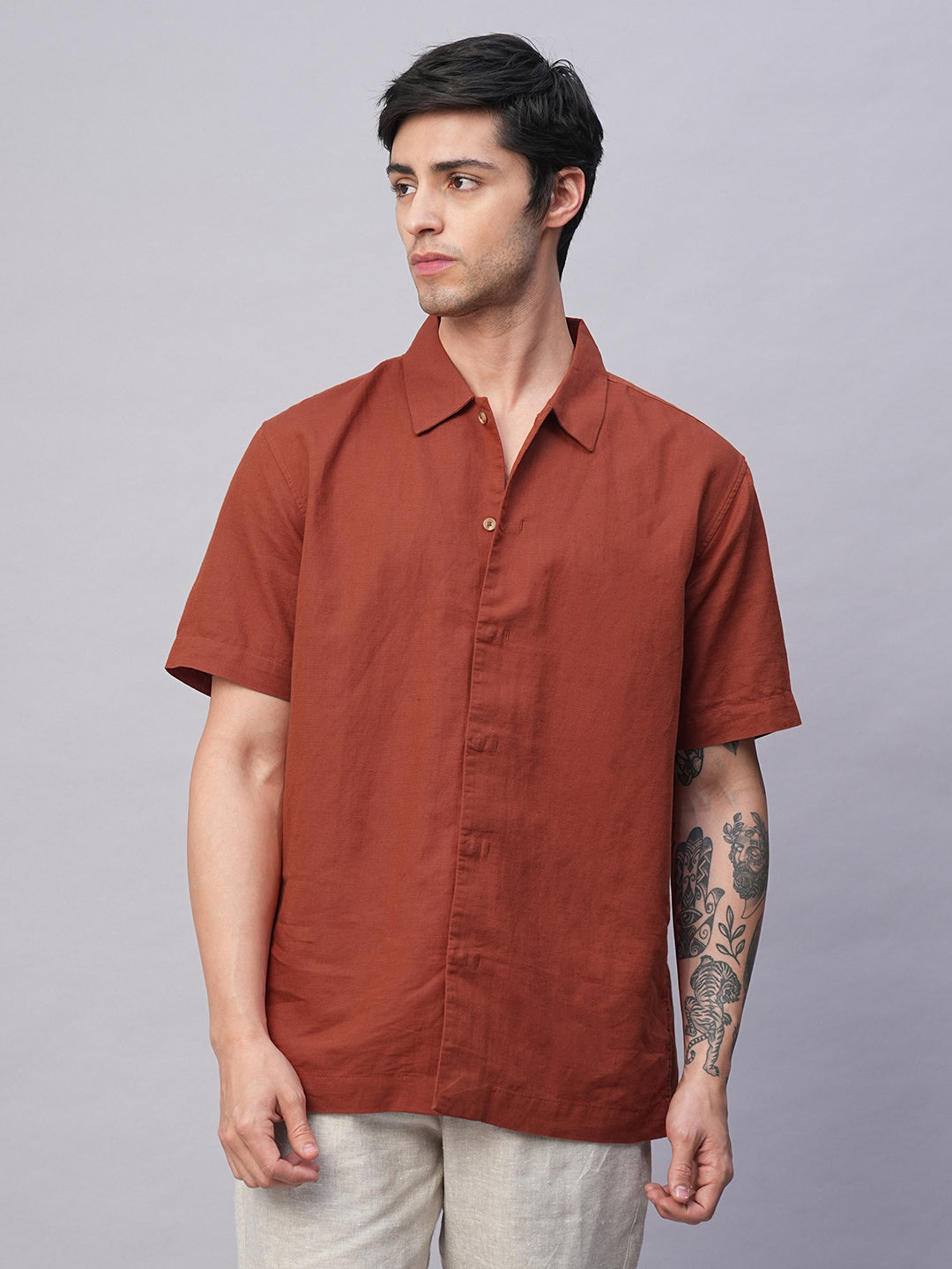 Men's Rust Cotton Linen Regular Fit Shirt