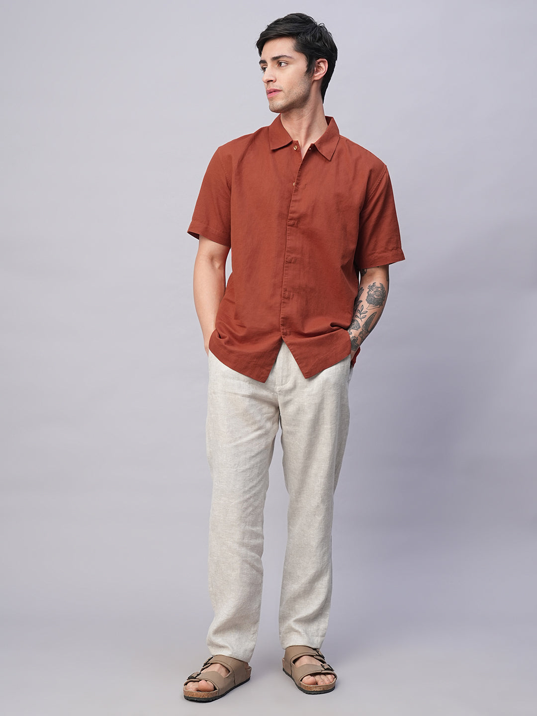 Men's Rust Cotton Linen Regular Fit Summer Shirt