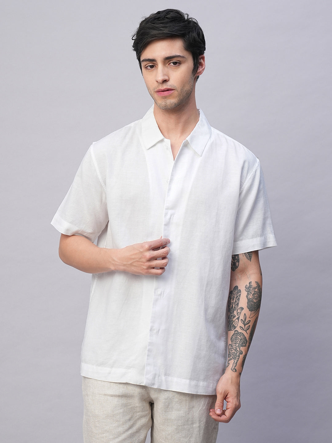 Men's White Cotton Linen Regular Fit Summer Shirt