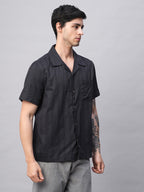 Men's Navy 100% Cotton Stripe Regular Fit Cuban Collar Shirt