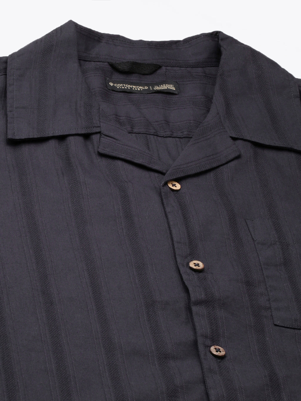 Men's Navy 100% Cotton Stripe Regular Fit Cuban Collar Shirt