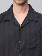 Men's Navy 100% Cotton Stripe Regular Fit Cuban Collar Shirt