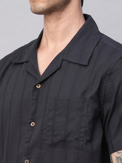 Men's 100% Cotton Stripe Regular Fit Cuban Collar Shirt Navy