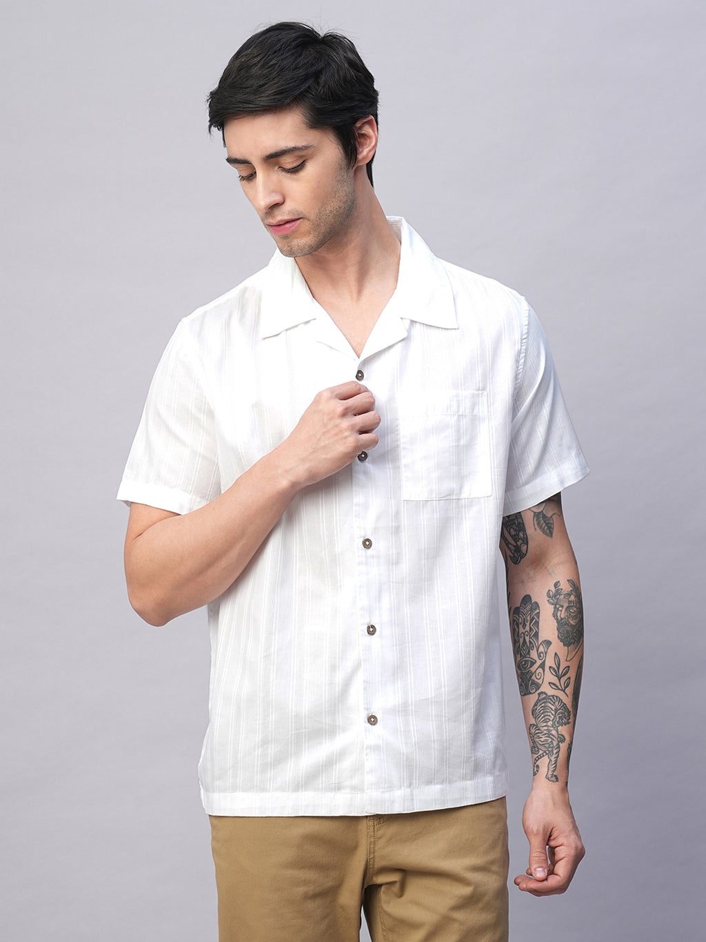 Men's White 100% Cotton Stripe Regular Fit Cuban Collar  Shirt