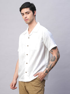 Men's 100% Cotton Stripe Regular Fit Cuban Collar Shirt White