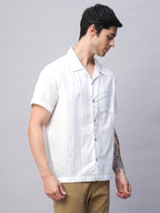 Men's White 100% Cotton Stripe Regular Fit Cuban Collar  Shirt