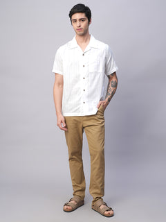 Men's 100% Cotton Stripe Regular Fit Cuban Collar Shirt White