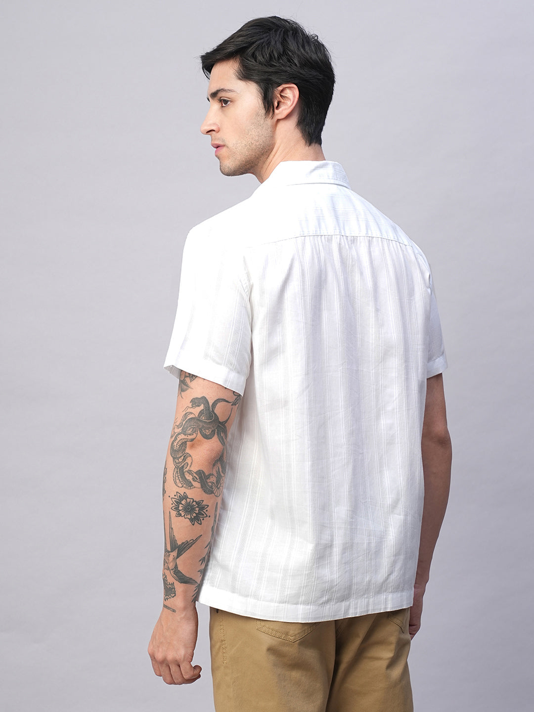 Men's White 100% Cotton Stripe Regular Fit Cuban Collar  Shirt