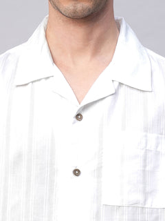 Men's 100% Cotton Stripe Regular Fit Cuban Collar Shirt White