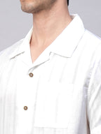 Men's White 100% Cotton Stripe Regular Fit Cuban Collar  Shirt