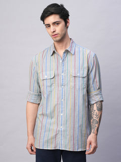 Men’s Cotton Regular Fit Pocket Stripe Summer Shirt Blue