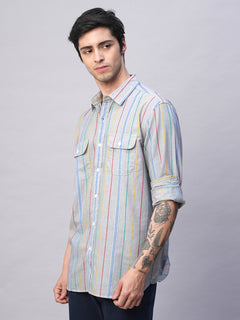 Men’s Cotton Regular Fit Pocket Stripe Summer Shirt Blue