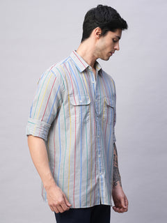 Men’s Cotton Regular Fit Pocket Stripe Summer Shirt Blue
