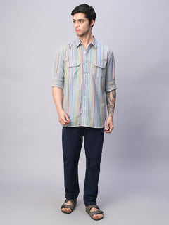 Men’s Cotton Regular Fit Pocket Stripe Summer Shirt Blue
