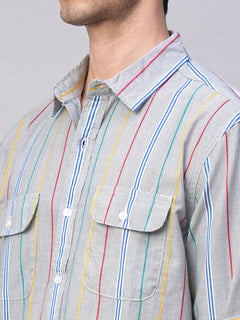 Men’s Cotton Regular Fit Pocket Stripe Summer Shirt Blue
